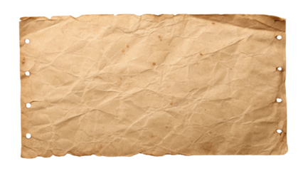 Aged wrinkled paper with punched holes, distressed surface, and natural folds, ideal for vintage-themed designs or creative backgrounds. Isolated on transparent background, png.