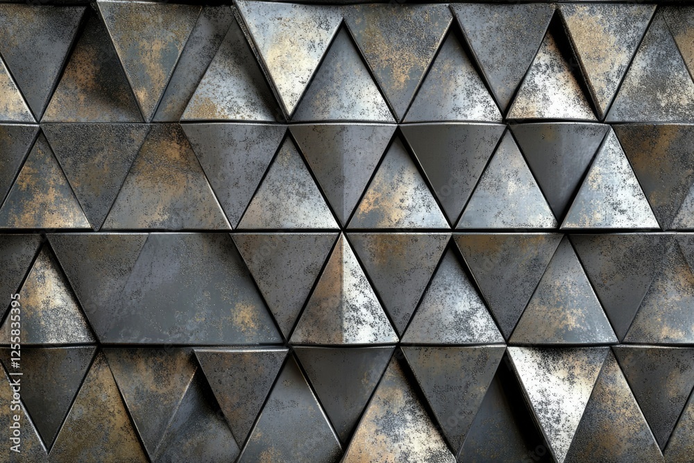 Poster geometric metallic triangular pattern, textured surface with dark gray and gold hues.
