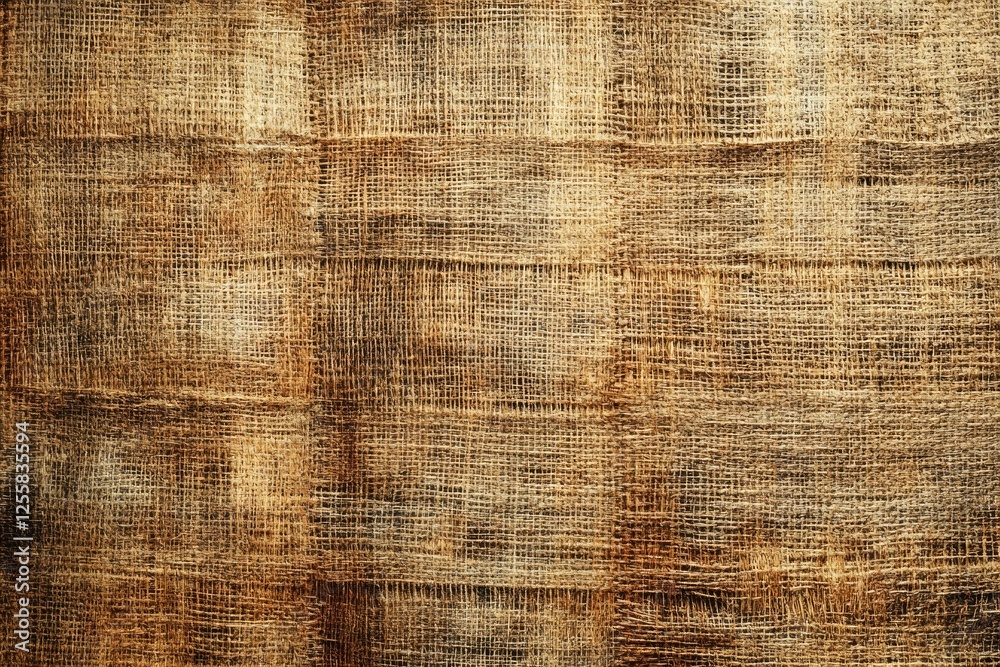 Poster close-up of textured burlap fabric, showing its woven structure and aged appearance.