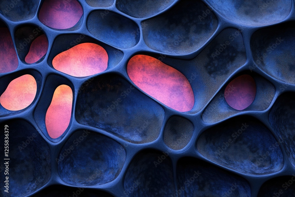 Poster abstract 3d render of a dark blue, textured surface with glowing pink organic shapes.