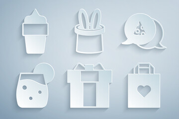 Set Gift box, Slice of pizza, Cocktail, Shopping bag with heart, Magician hat and rabbit ears and Ice cream waffle cone icon. Vector