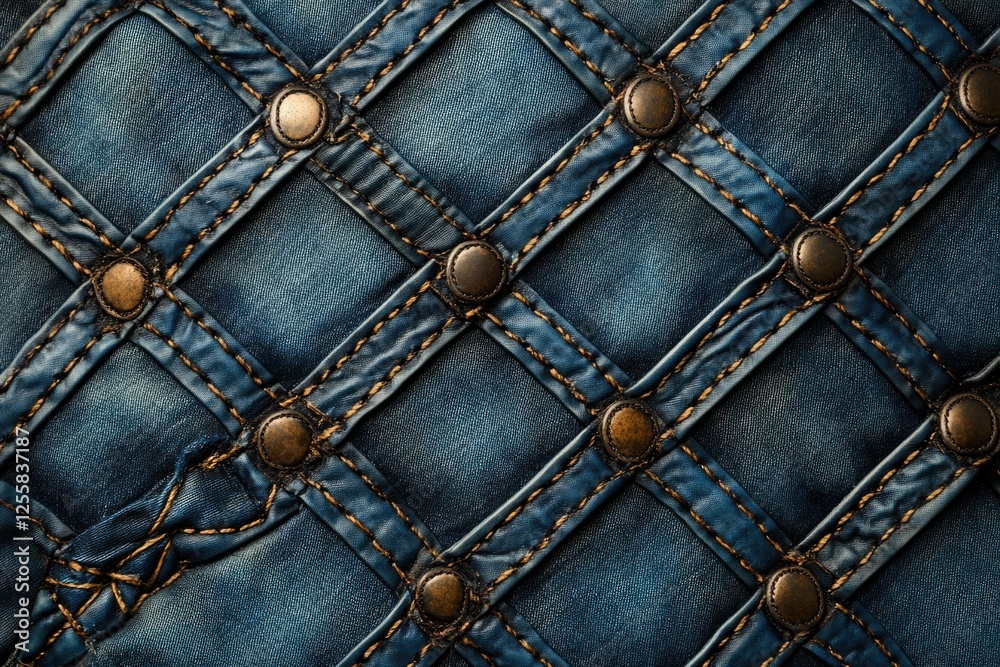 Aufkleber close-up of denim fabric with a lattice pattern, accented by bronze studs and stitching.