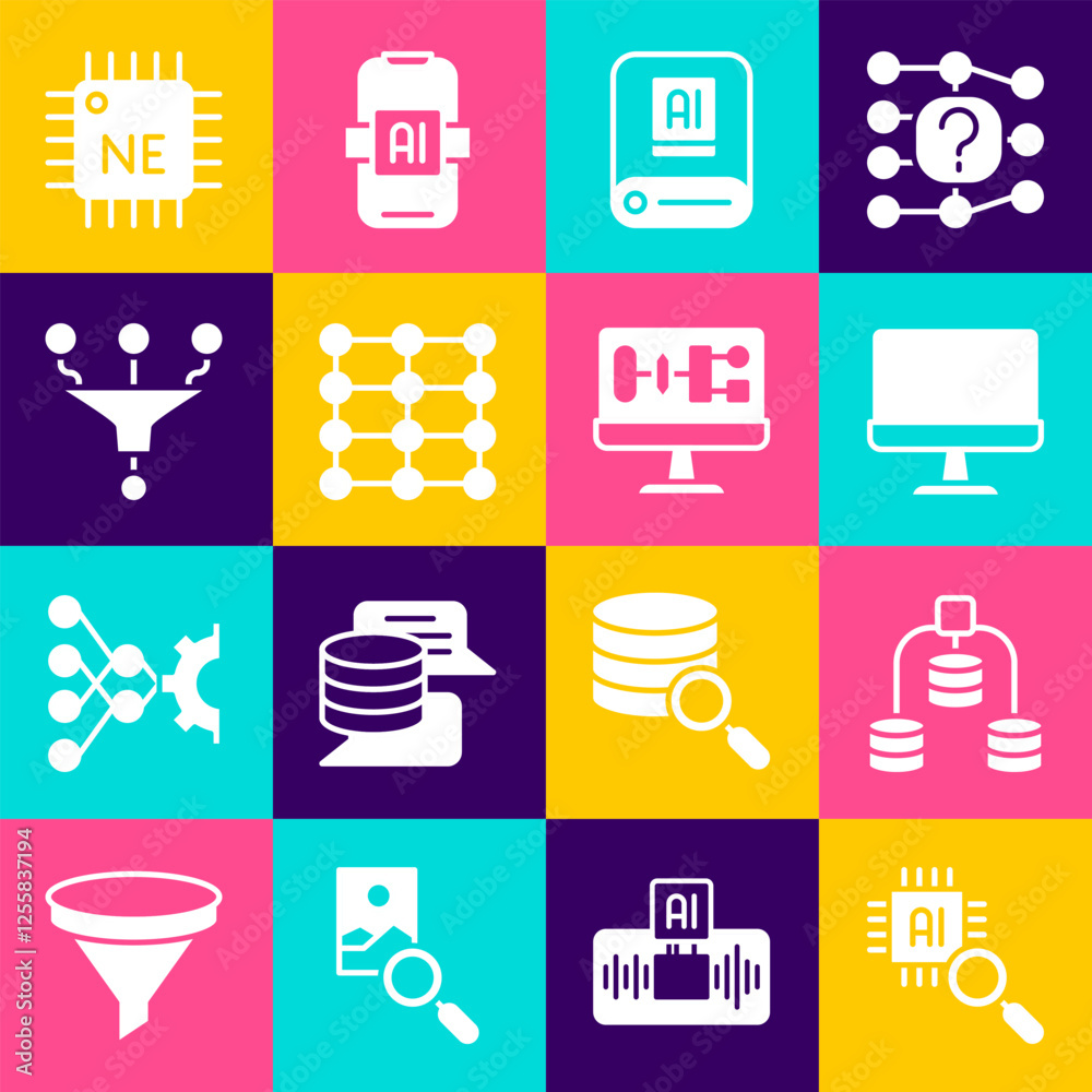 Poster set processor cpu, server, data, computer monitor, artificial intelligence ai, neural network, funne