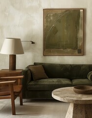 Mid-century modern living room with a muted olive green velvet sofa, brown leather armchair and coffee table