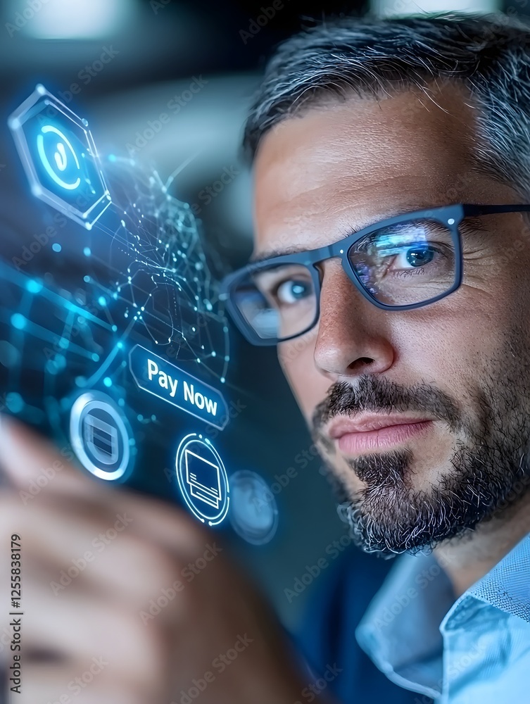 Poster businessman tapping a floating digital invoice with encrypted payment data visualized as glowing sec