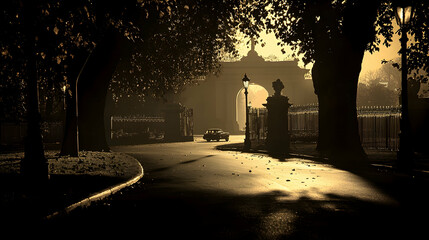 Morning mist, park entrance, car passing, autumn leaves