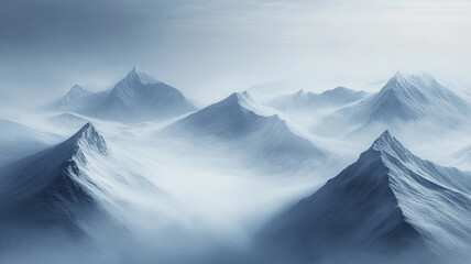 Snow-covered mountain ridges under dense swirling fog, only the highest peaks breaking through the misty white sea.