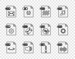 Set line XML file document, WAV, PNG, WMA, EML, MSG, ZIP and RAW icon. Vector