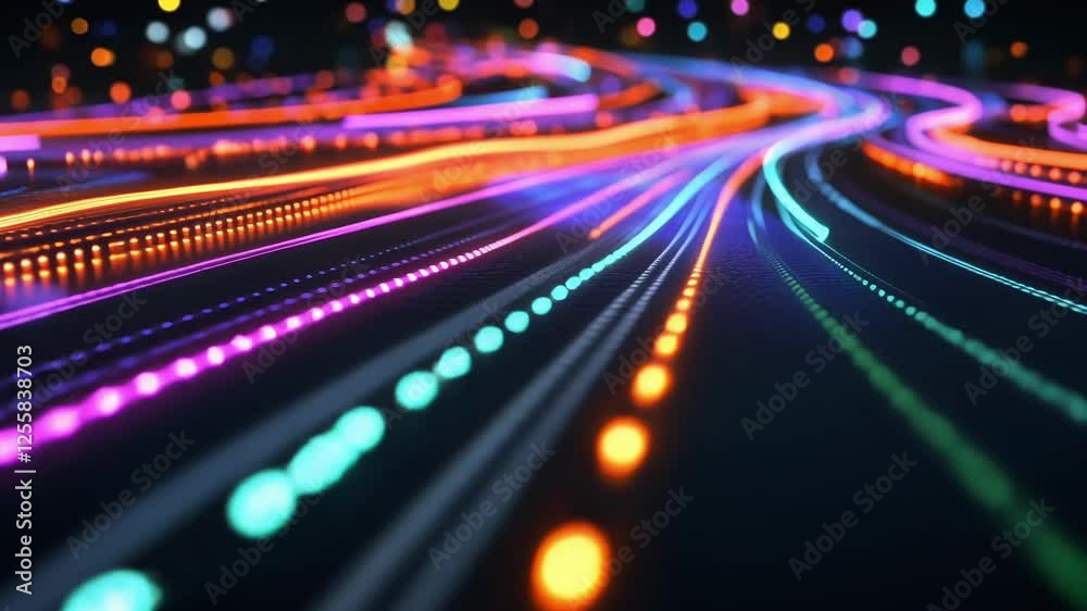 Wall mural wavy lines of glowing particles are creating vibrant light trails, illustrating the flow of data and