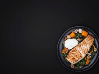 Realistic Scandinavian Cuisine Plate with Grilled Salmon, Seasonal Vegetables, and Creamy Sauce on a Dark Background