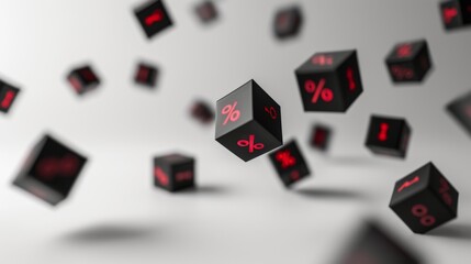 Artistic 3D illustration of black cubes with red percentage signs in motion, representing discounts and promotions, set against a blurred background. AI generated.