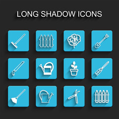 Set line Garden rake for leaves, Watering can, Gardening handmade scissor, fence, and Flowers pot icon. Vector