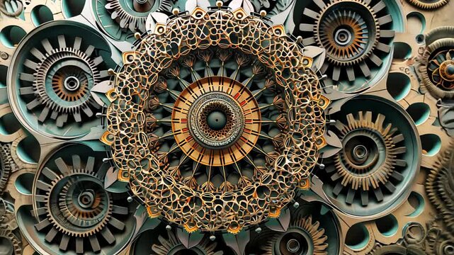 A close-up of an elaborate gear system with intricate clockwork and detailed patterns, blending mechanical precision with artistic design.