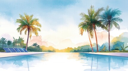 Serene Tropical Park View with Palm Trees and Tranquil Waterscape