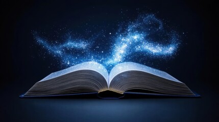 Magical Book: An open book emits a celestial glow, swirling blue stardust escaping its pages, inviting readers on a journey of fantasy and wonder. 