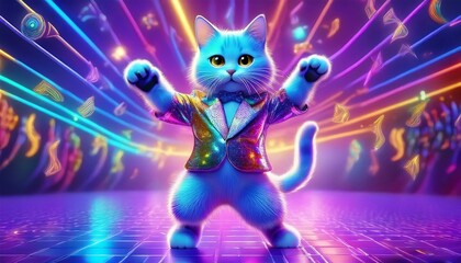 Dancing cat in neon disco lights party