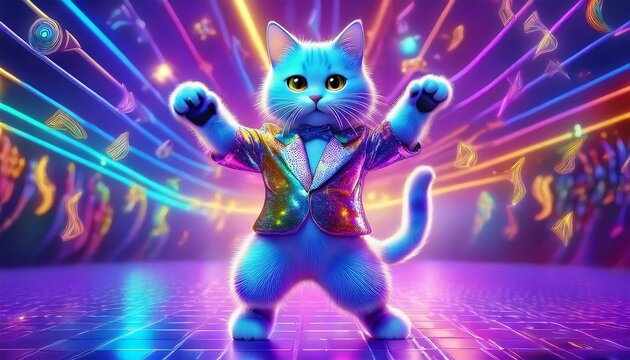 Dancing cat in neon disco lights party
