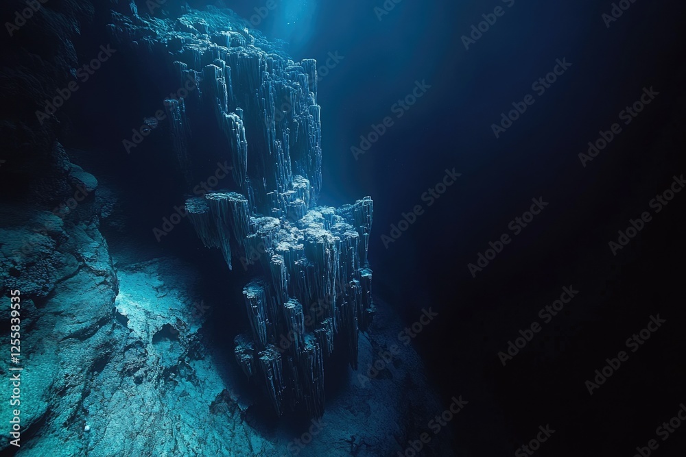 Poster submerged underwater rock formations resemble ancient, mysterious columns in a deep, dark ocean scen