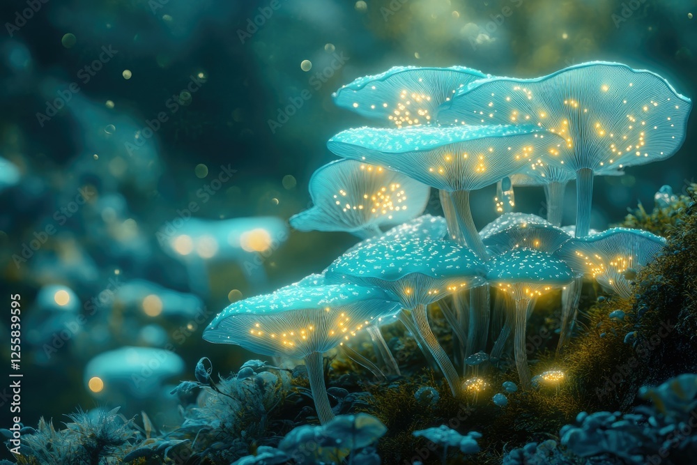 Poster enchanted forest scene with glowing, bioluminescent mushrooms, creating a magical atmosphere.