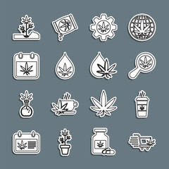 Set line Shopping cart with marijuana, Cup coffee, Magnifying glass and, Test tube, Marijuana or cannabis leaf oil, Calendar, Planting and icon. Vector