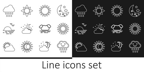 Set line Cloud with rain, Sun, moon and stars, Sunset, and icon. Vector