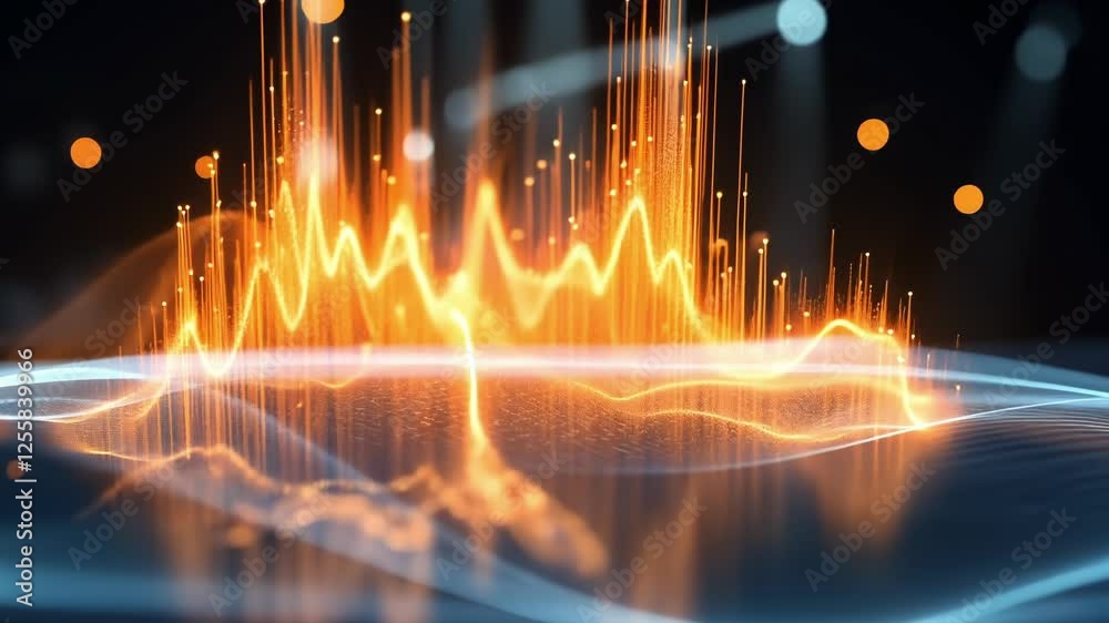 Poster complex particle systems undulating across a vibrant digital landscape, representing big data analys
