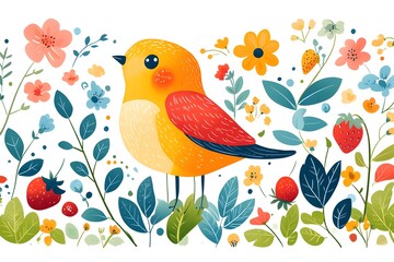 Cute Bird Amidst Colorful Flowers and Berries