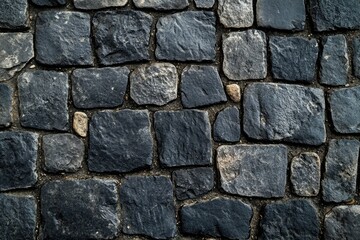 Fototapeta premium A close-up view of a dark gray cobblestone pavement, showing irregular stone shapes and dark grout.
