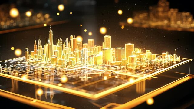 A floating holographic city map highlighting institutions of learning and innovative hubs as beacons illuminating the path to economic prosperity.