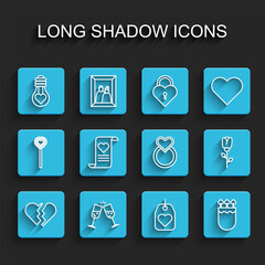Set line Broken heart, Glass of champagne, Heart shape in light bulb, tag, Quiver and arrows with, Envelope Valentine, Flower rose and Wedding rings icon. Vector