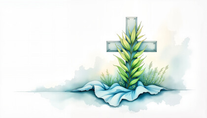 Palm leaf cross resting on fabric with copy space, symbolizing renewal and hope