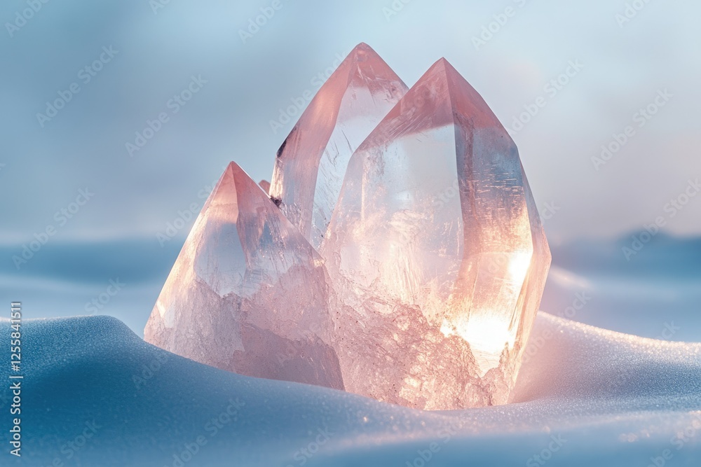 Poster cluster of luminous quartz crystals nestled in pristine snow, radiating ethereal glow.