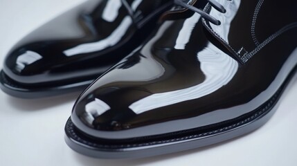 Close-up of exquisitely polished black leather dress shoes on white surface