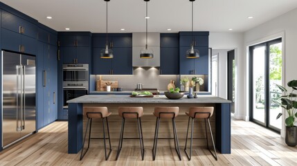 Luxurious Blue and White Kitchen Design with Dark Interior for Modern Home Decor Inspiration