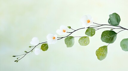 Delicate White Flowers and Green Leaves on Soft Pastel Background