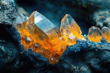 Luminous orange quartz crystals embedded in dark blue-gray rock, showcasing intricate formations and vibrant colors.