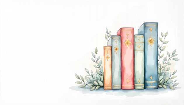 Stack of colorful prayer books with olive branch with copy space, peaceful reflection