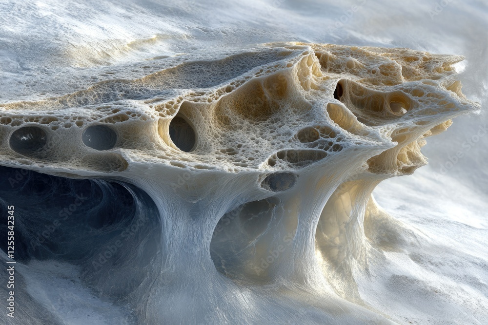 Poster abstract porous structure resembling a surreal landscape or bone, with intricate cavities and flowin