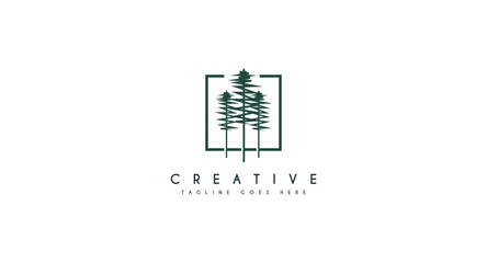 Silhouette of three pines tree similar with evergreen fir conifer spruce cedar larch cypress tree. Forest Landscape classic vintage logo design