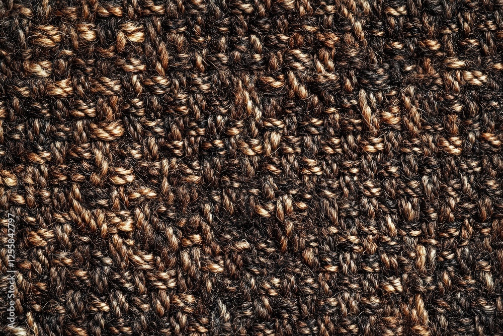Poster close-up of a textured knitted fabric with dark brown and light brown yarns creating a complex patte