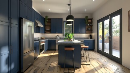 Luxurious Blue and White Kitchen Design with Dark Interior for Modern Home Decor Inspiration