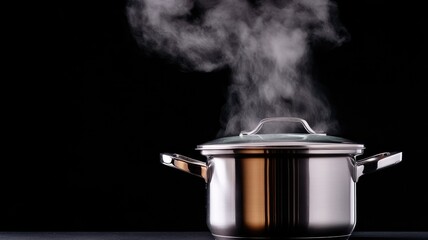 Stainless steel pot with steam rising, kitchen cooking