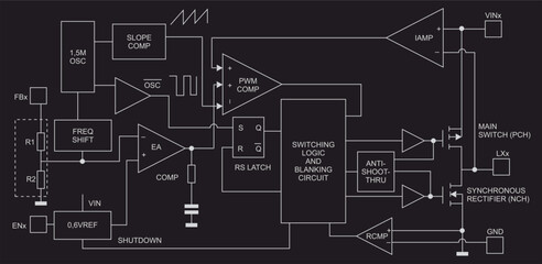 Obraz premium Block diagram of electronic device on sheet of paper. Vector drawing electrical circuit with operational amplifier, signal generator, trigger, logic gates, resistor, integrated circuit, capacitor.