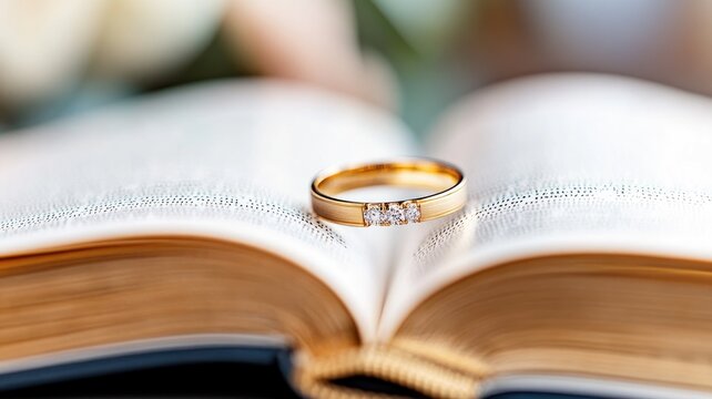 Gold wedding ring on open book with blurred background