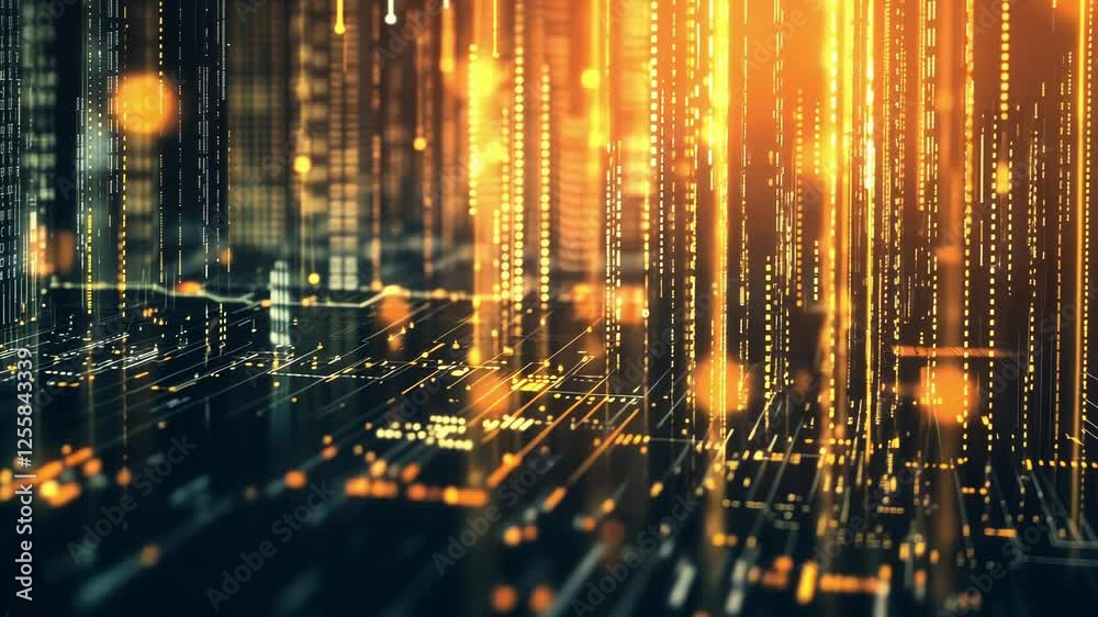 Poster golden data streams are flowing on a futuristic circuit board, creating a mesmerizing visualization 