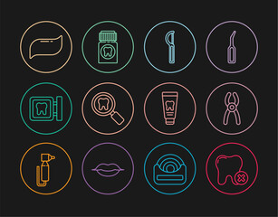 Set line Tooth with caries, Dental pliers, floss, search, clinic location, Toothpaste, Tube of toothpaste and Painkiller tablet icon. Vector