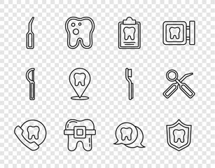 Set line Online dental care, Dental protection, card, Teeth with braces, explorer scaler, clinic location, Tooth and inspection mirror icon. Vector