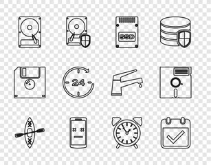 Set line Kayak and paddle, Calendar with check mark, SSD card, Dead mobile, Hard disk drive HDD, Clock 24 hours, Alarm clock and Floppy in the 5.25-inch icon. Vector