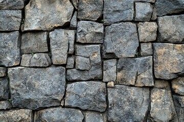 A rustic stone wall, composed of irregularly shaped gray and brown stones, showcasing natural texture and small plants.