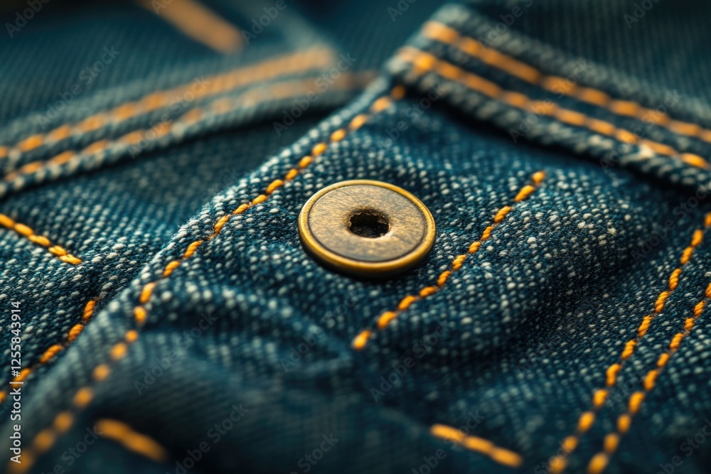 Aufkleber close-up of denim fabric texture with a metallic button, showcasing intricate stitching and details.